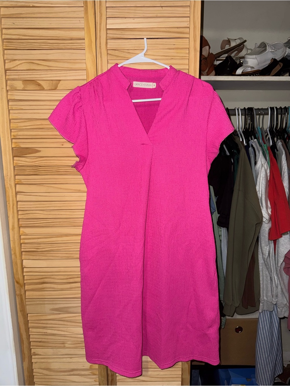 Bright Pink V-Neck Short Sleeve Shift Dress